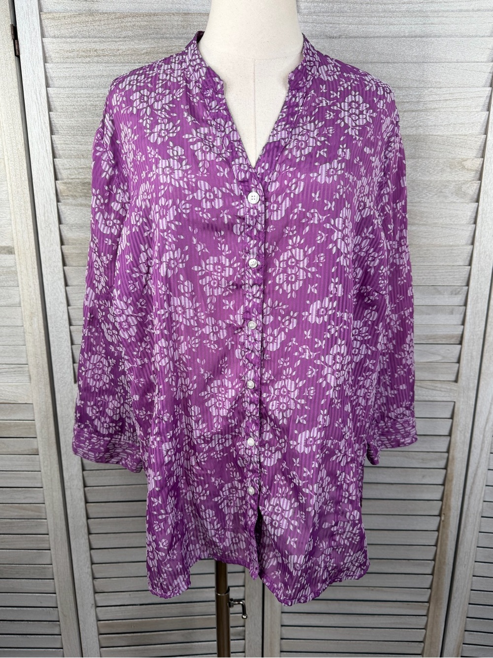 SAG HARBOR Women's Plus 3/4 Sleeve Sheer Floral/Stripe Blouse Purple/White-1X